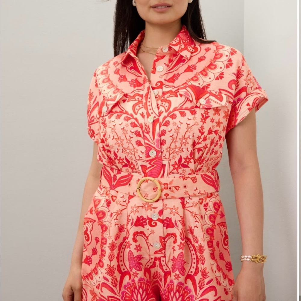 Farm Rio Jaipur Linen Print Romper with Belt - Picture 2 of 13